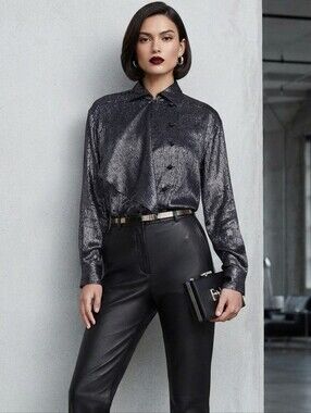Escada By Margaretha Ley Vintage Silk Black Silver Metallic Women's Blouse Sz 34